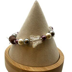 Imitation Pearl Beaded Stretch Bracelet with Glass Butterfly Charms
